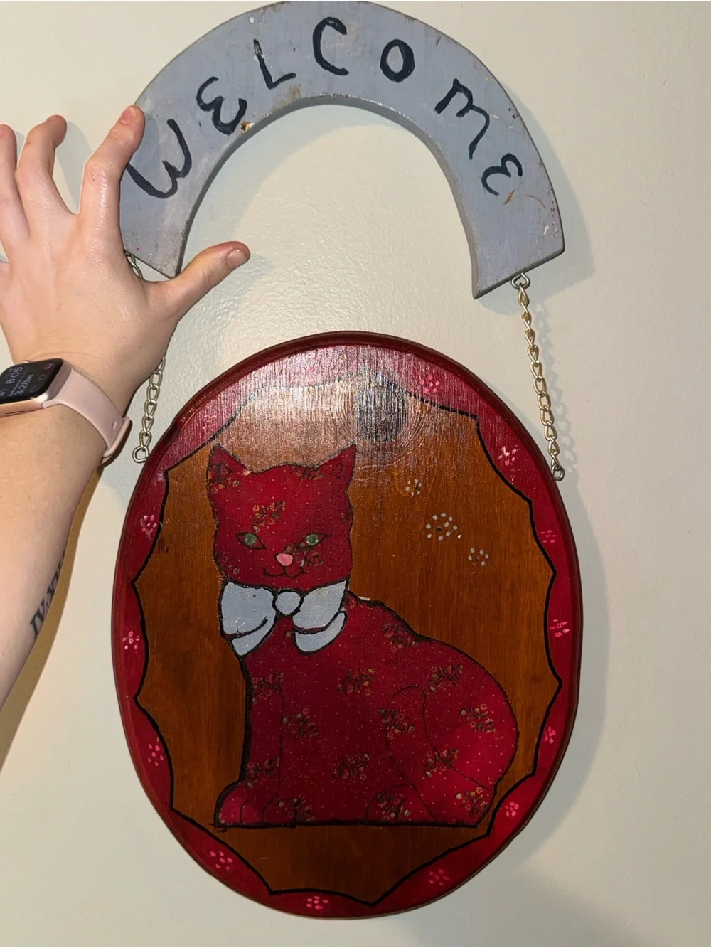 VTG Handmade Folk Art Cat “Welcome” Sign Wood Wall Hanging Decor